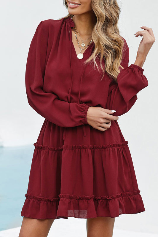 V Neck Long Sleeve Ruffle Tiered Mini Dress