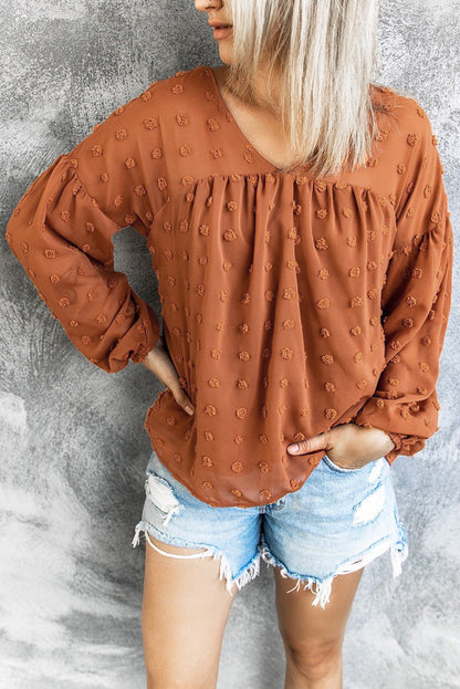 Swiss Dot V Neck Puff Sleeve Babydoll Shirt