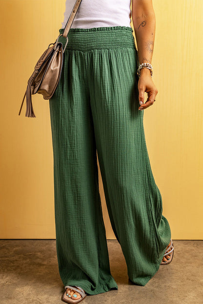 Green Smocked Waist Crinkled Wide Leg Pants