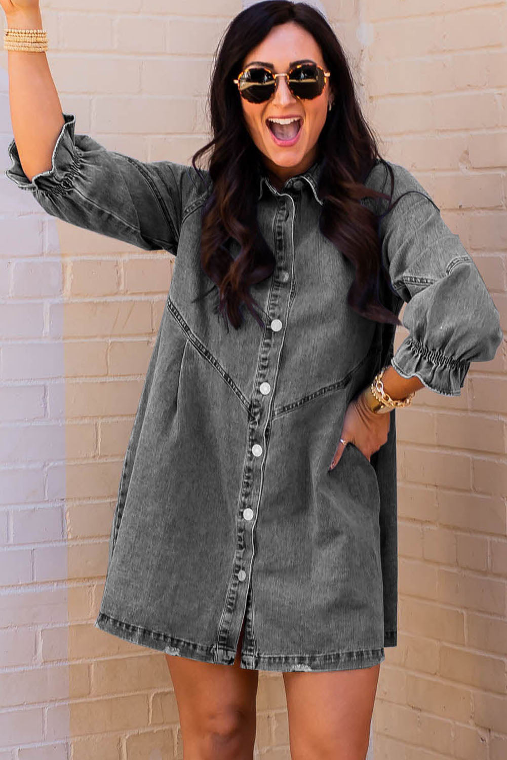 Sky Blue Buttoned Long Sleeve Denim Mini Dress