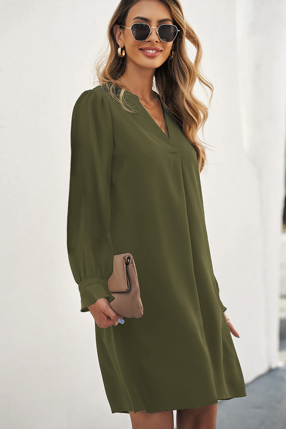 Split V Neck Ruffled Sleeves Shirt Dress