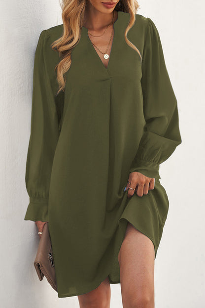 Split V Neck Ruffled Sleeves Shirt Dress