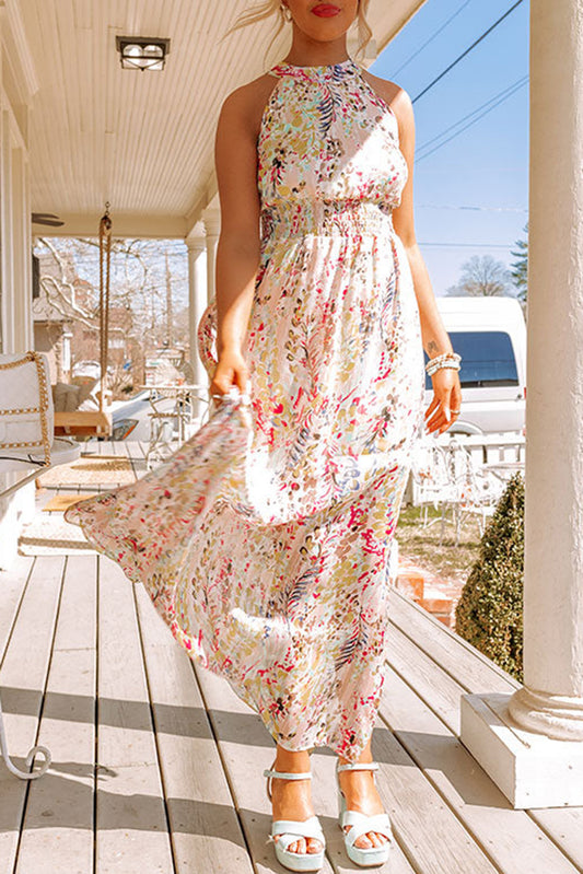 Multicolor Crisscross Backless Long Floral Dress