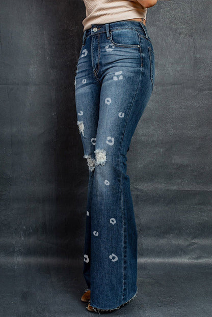 Blue Leopard Print Ripped High Waist Flare Jeans