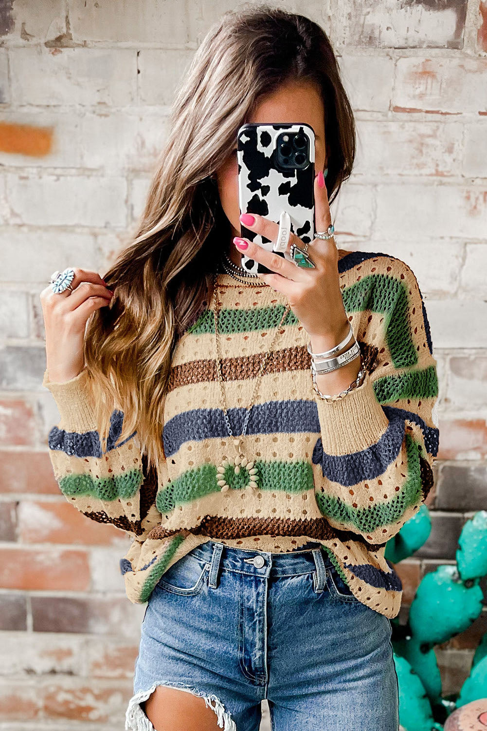 Striped Hollowed Knitted Loose Sweater