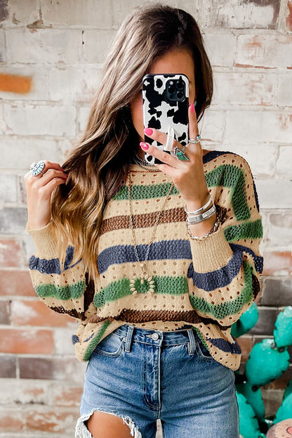 Striped Hollowed Knitted Loose Sweater