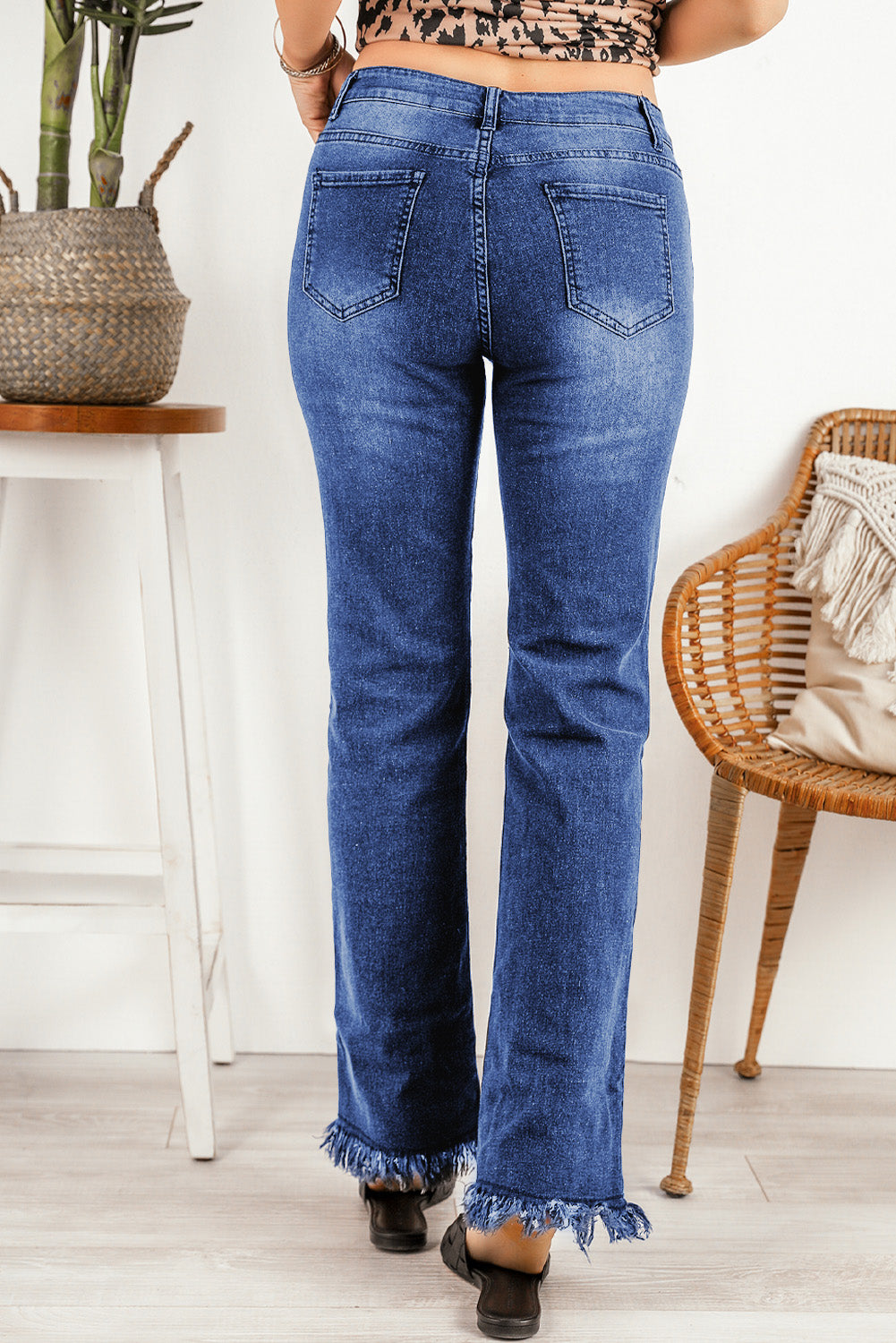 Blue Raw Hem Straight Leg Jeans