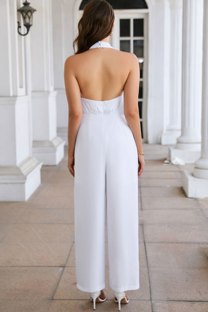 Button Halterneck Elegant Wide Leg Jumpsuit