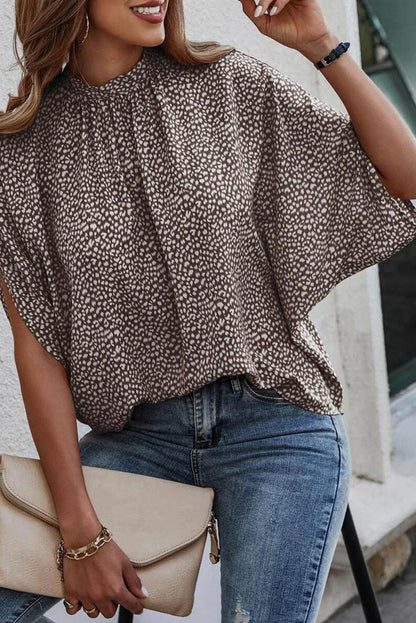 Khaki Frilled Neck 3/4 Sleeves Cheetah Blouse