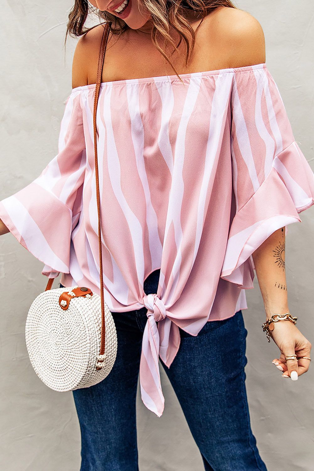 Off The Shoulder Vertical Stripes Blouse