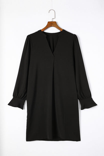 Split V Neck Ruffled Sleeves Shirt Dress