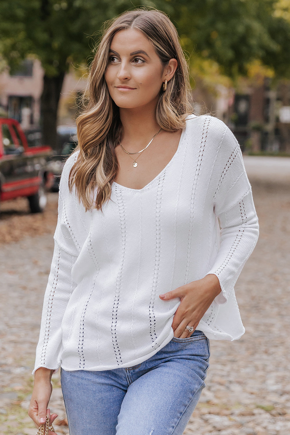 White Hollowed Detail Knitted Loose V Neck Sweater