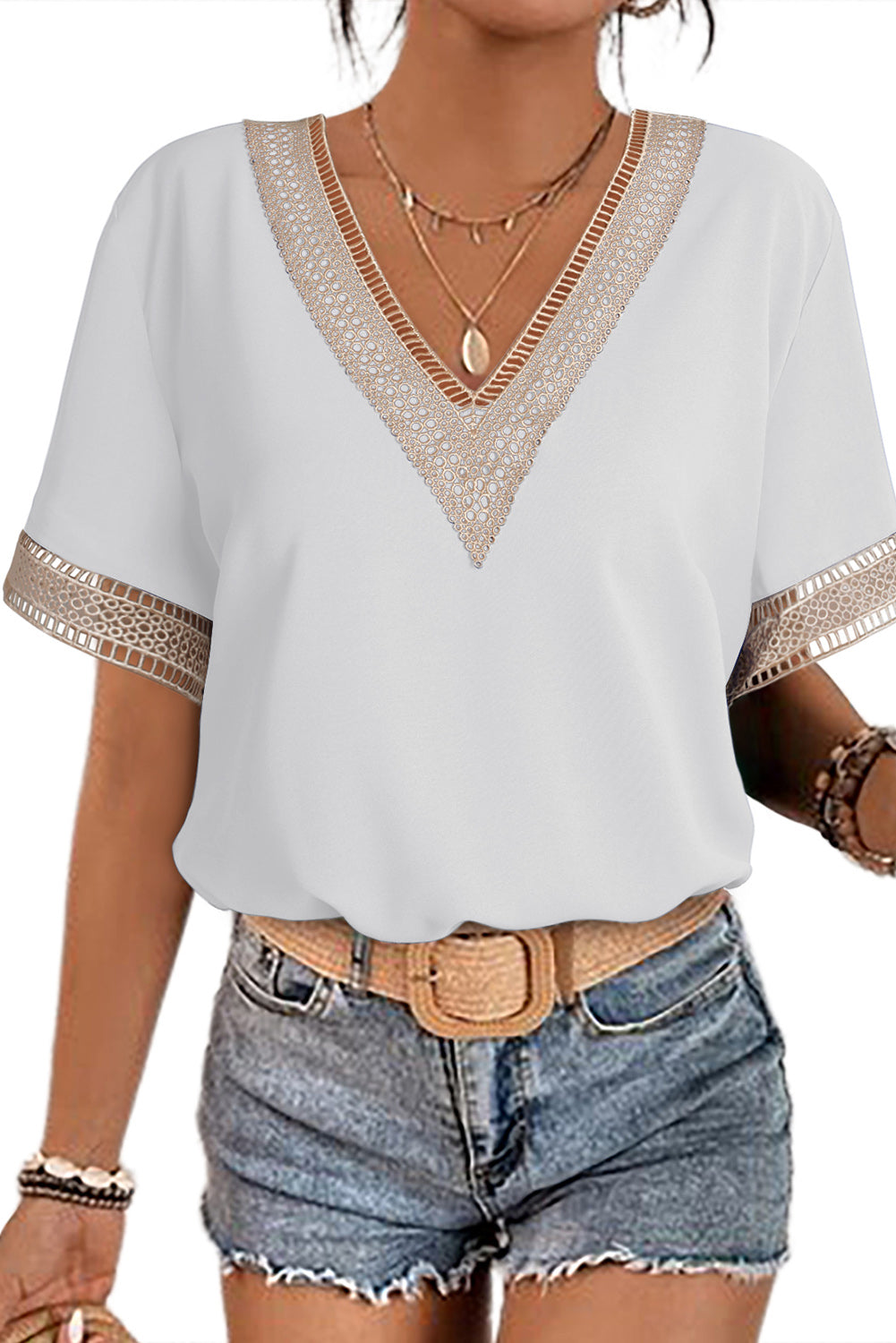 Black Lace Trim V Neck Short Sleeve Blouse