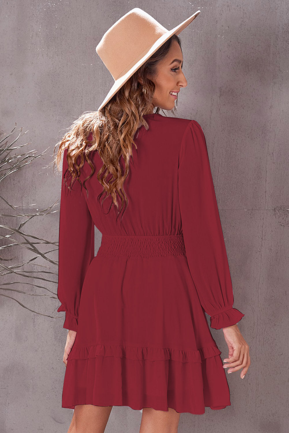 Burgundy Deep V Neck Lantern Sleeve Knotted Tiered Mini Dress