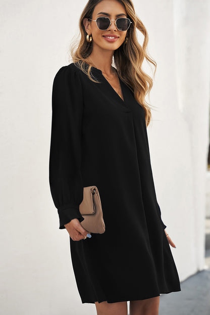 Split V Neck Ruffled Sleeves Shirt Dress