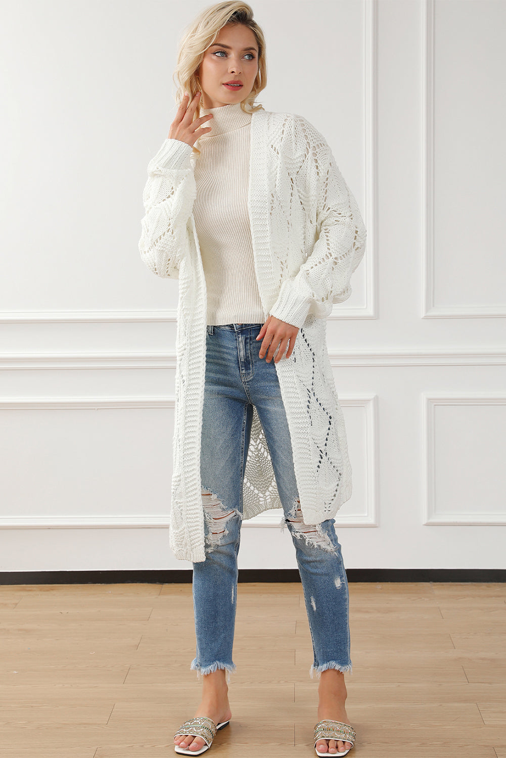 White Rhombus Hollowed Knit Open Front Cardigan