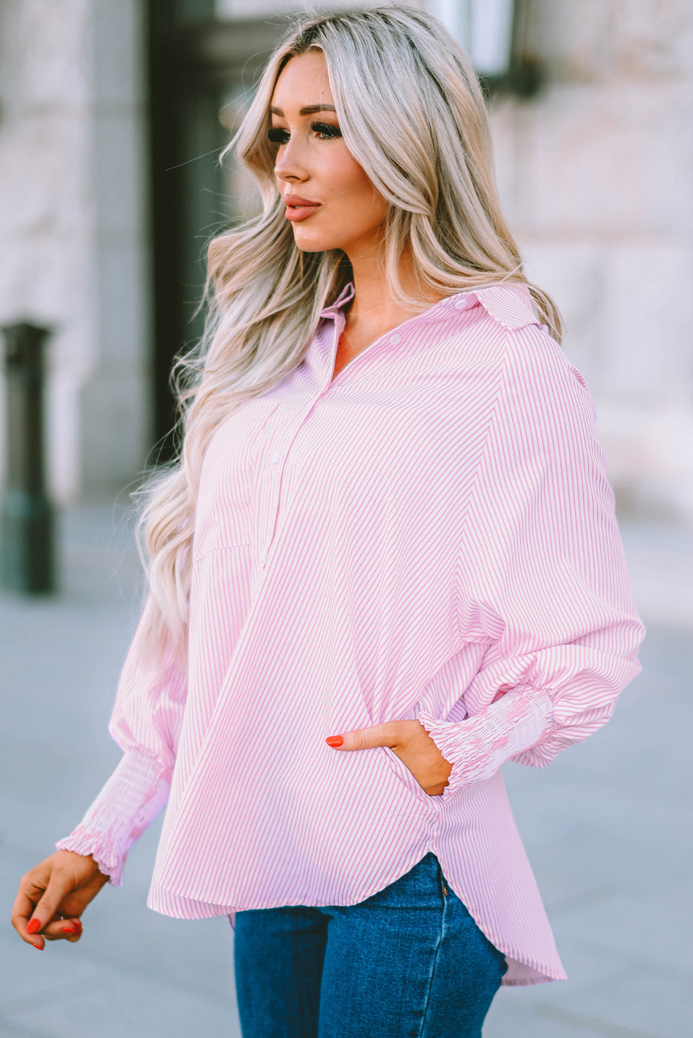 Smocked Cuffed Striped Boyfriend Shirt with Pocket