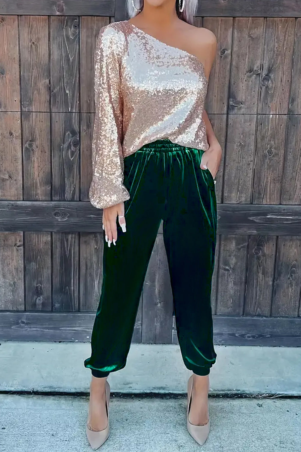 Green Solid Velvet Jogger Pants