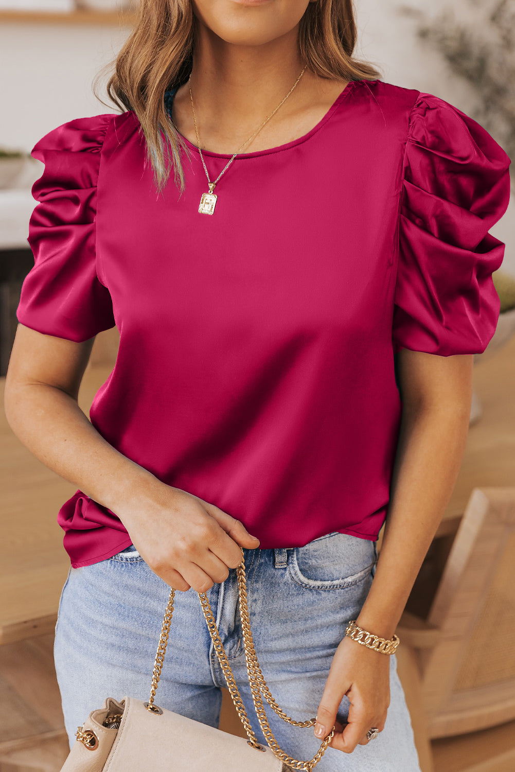 Ruched Puff Short Sleeve Satin Blouse