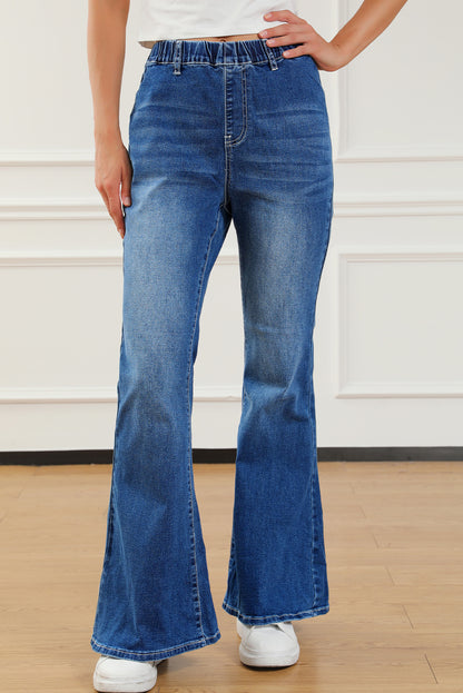 Blue Elastic High Waist Flare Jeans