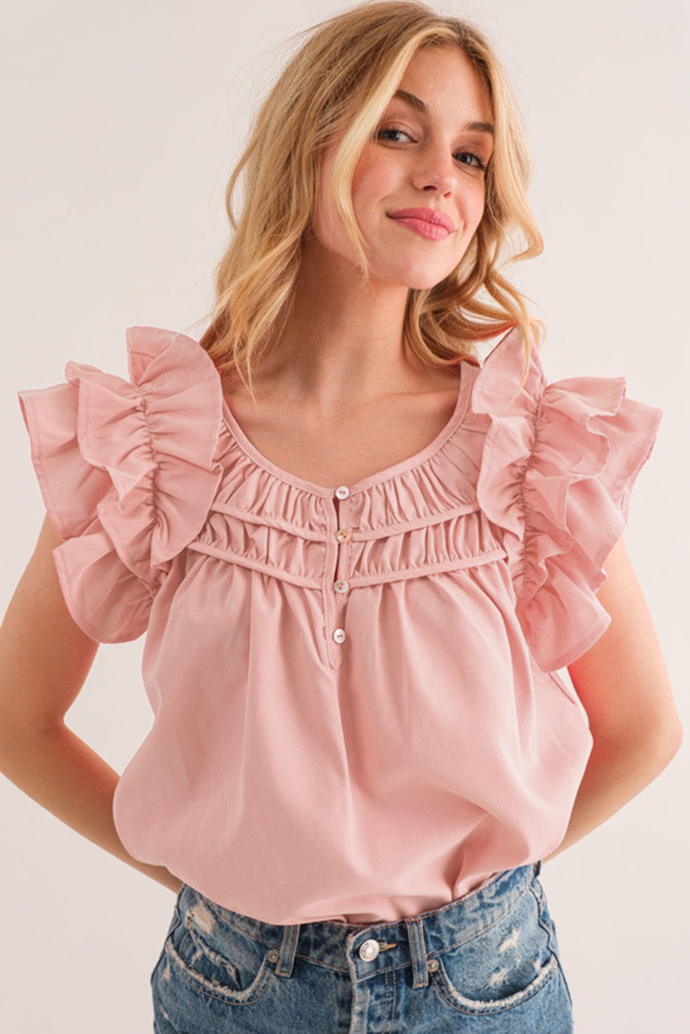 Peach Blossom Shirring Buttoned Neck Ruffle Sleeve Blouse