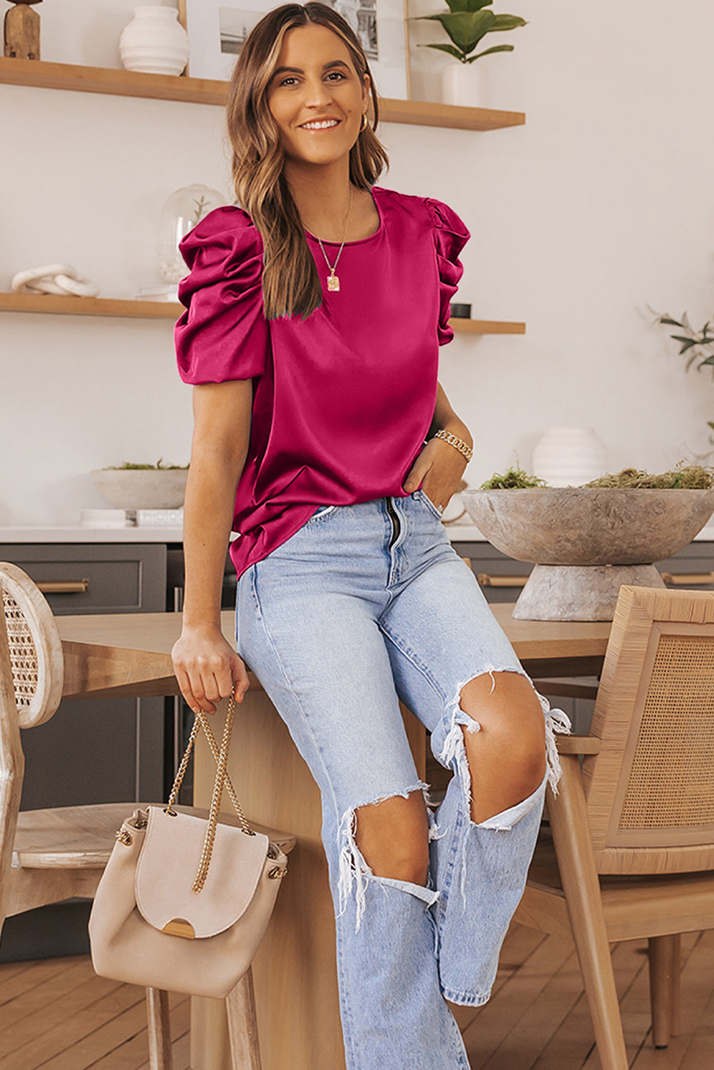 Ruched Puff Short Sleeve Satin Blouse