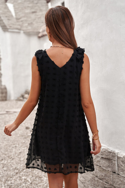 Swiss Dot V Neck Ruffled Sleeveless Mini Dress