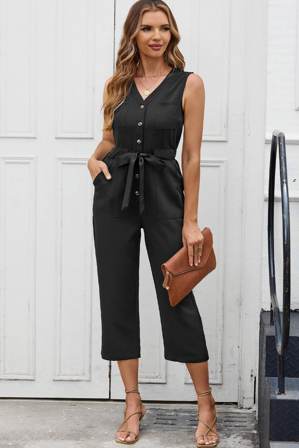 Pink Buttoned Sleeveless Cropped Jumpsuit with Sash