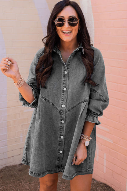 Sky Blue Buttoned Long Sleeve Denim Mini Dress