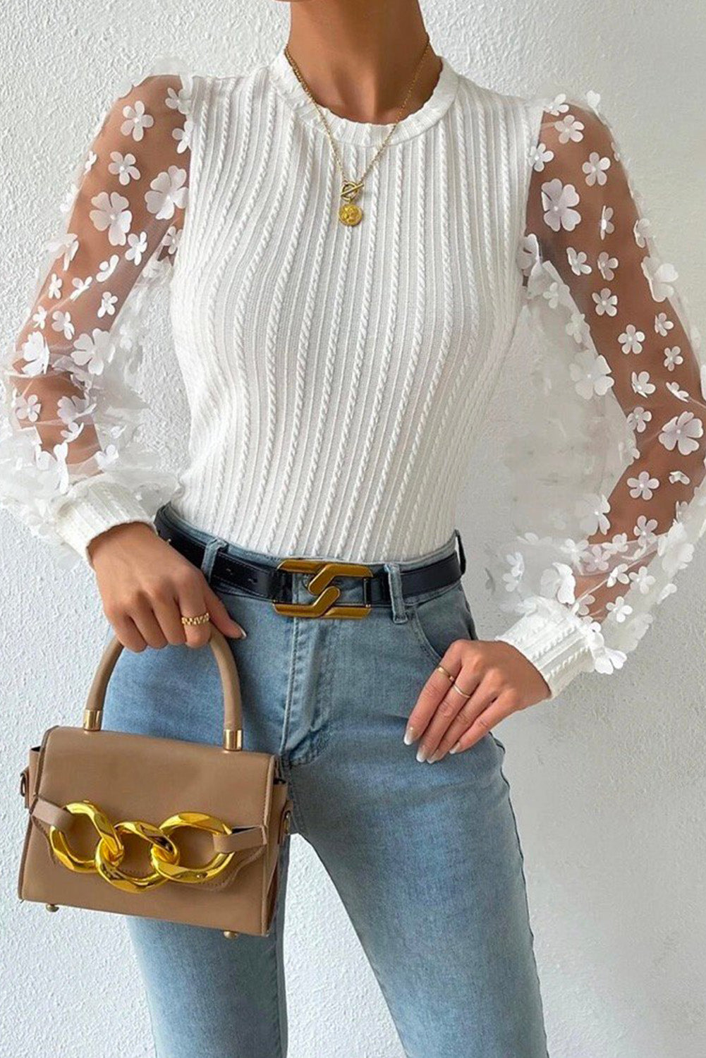 Floral Applique Mesh Sleeves Textured Knit Blouse