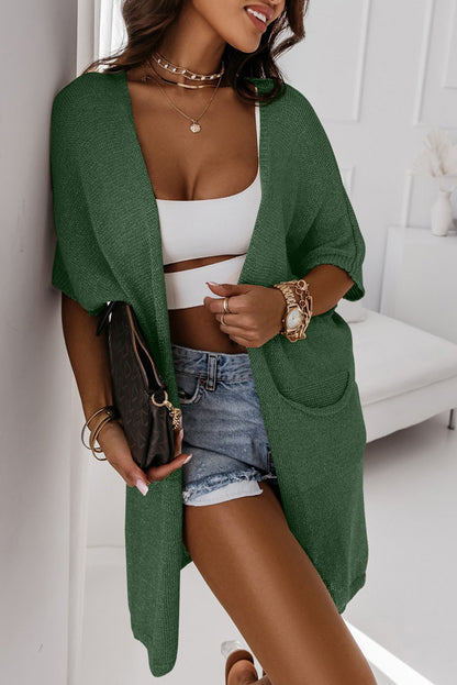 Green Dolman Half Sleeve Pocketed Long Cardigan