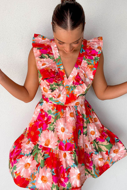 Floral Sleeveless V Neck Frill Mini Dress