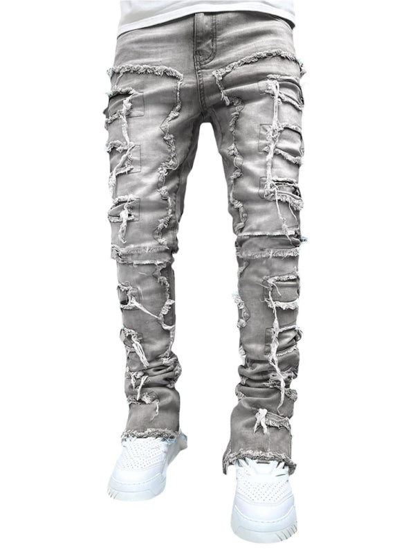 stretch patch denim straight pants