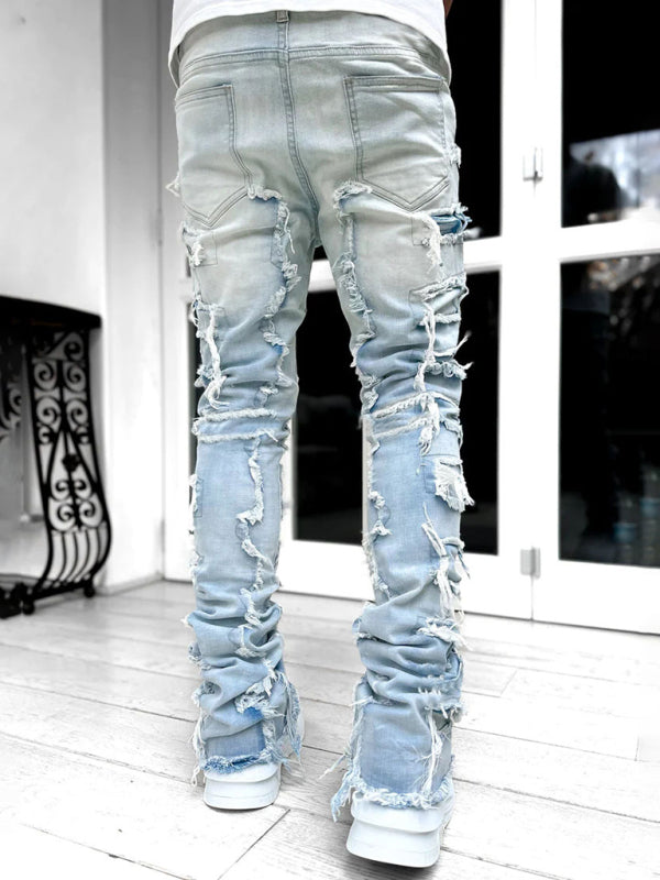 stretch patch denim straight pants