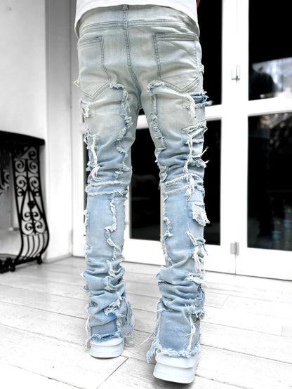 stretch patch denim straight pants