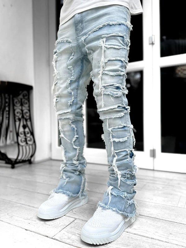 stretch patch denim straight pants