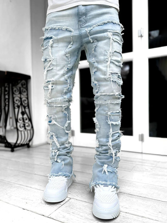 stretch patch denim straight pants