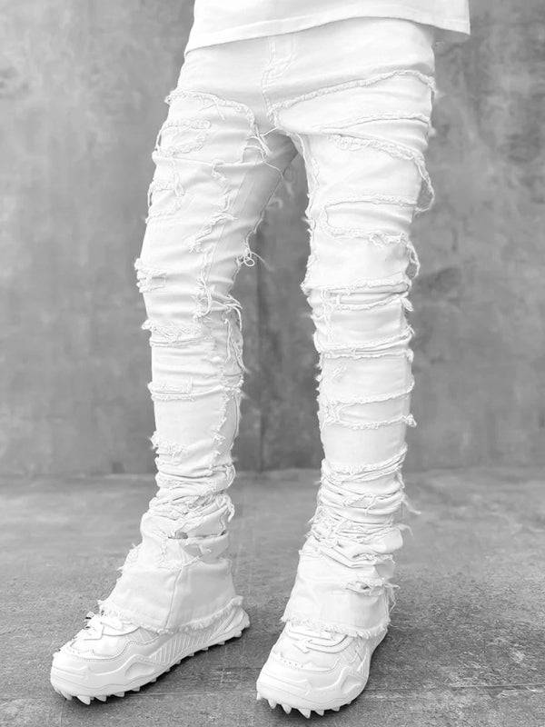 stretch patch denim straight pants