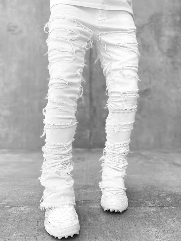 stretch patch denim straight pants