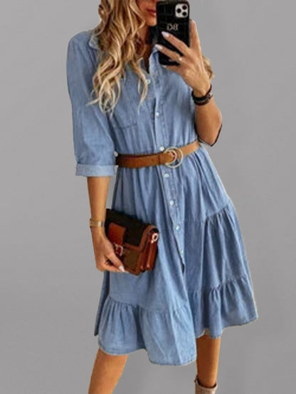 Women's Denim Lapel Panel Button Breasted Midi Dress