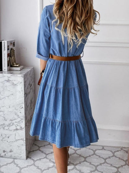 Women's Denim Lapel Panel Button Breasted Midi Dress