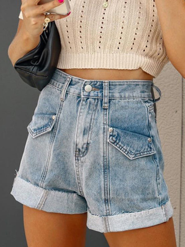 Stitching Turnover Denim Shorts