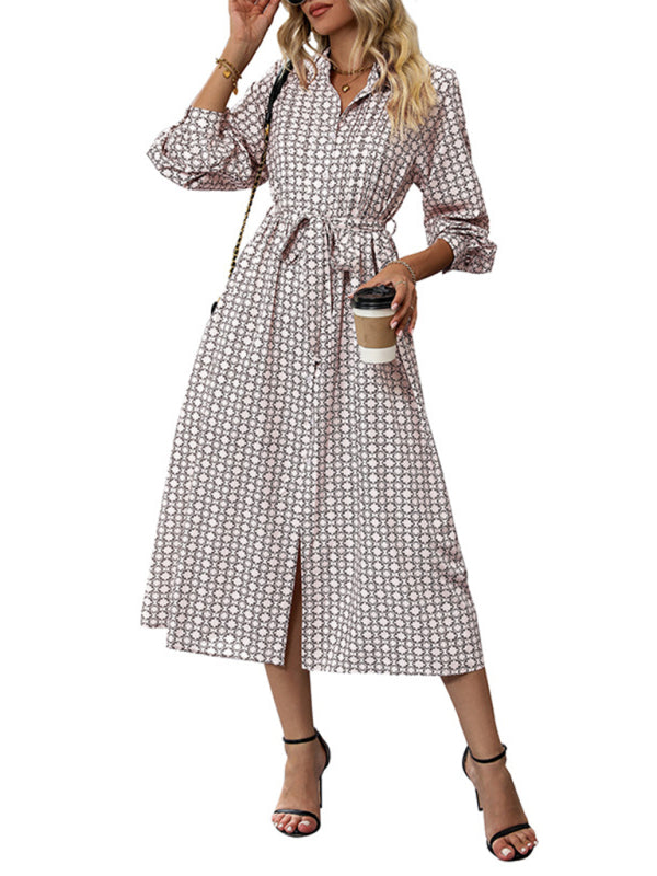 Floral Pattern Belted Shirt Dress