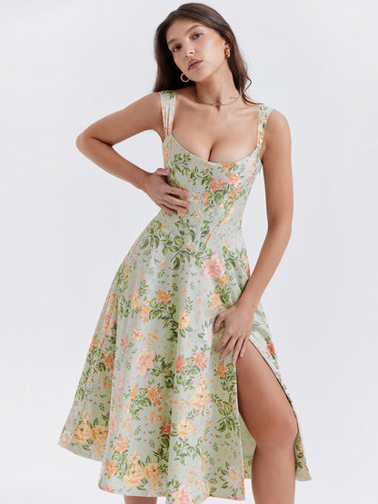 Slim Suspender Sexy Slit Floral Dress