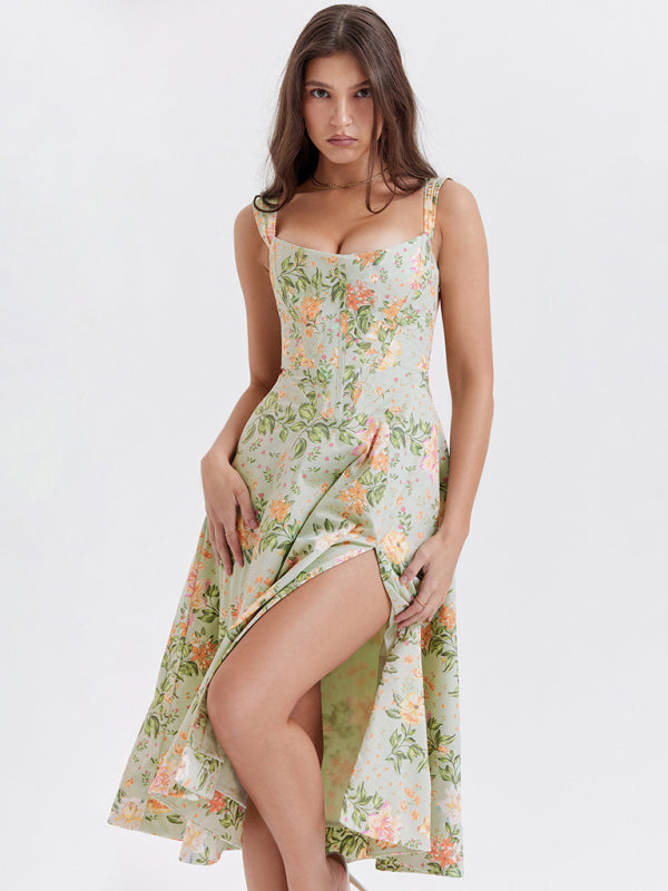 Slim Suspender Sexy Slit Floral Dress