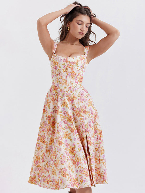 Slim Suspender Sexy Slit Floral Dress