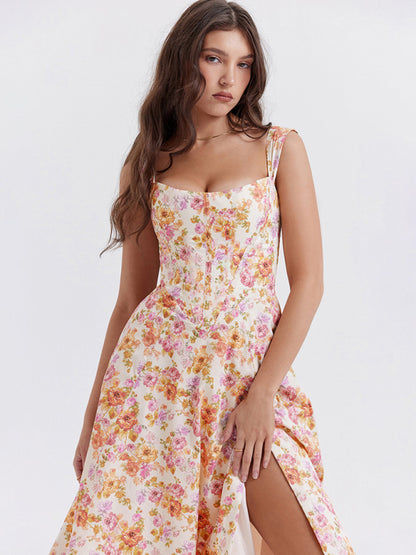 Slim Suspender Sexy Slit Floral Dress