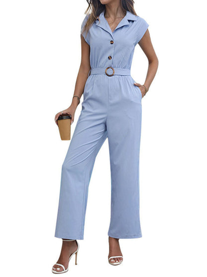 Lapel Style Solid Colour Straight Jumpsuit