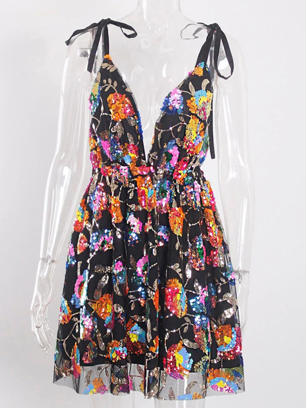 V Backless Sequin Floral Strappy Short Dress