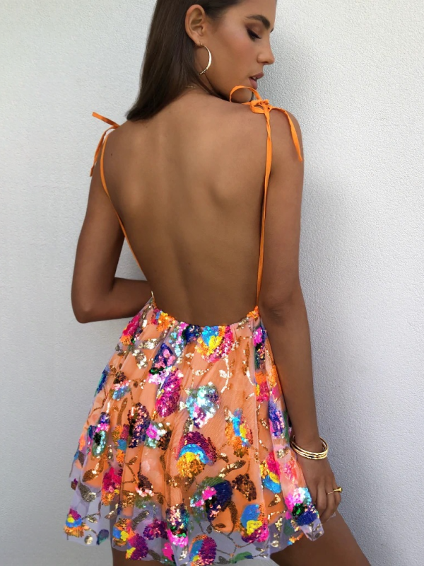 V Backless Sequin Floral Strappy Short Dress